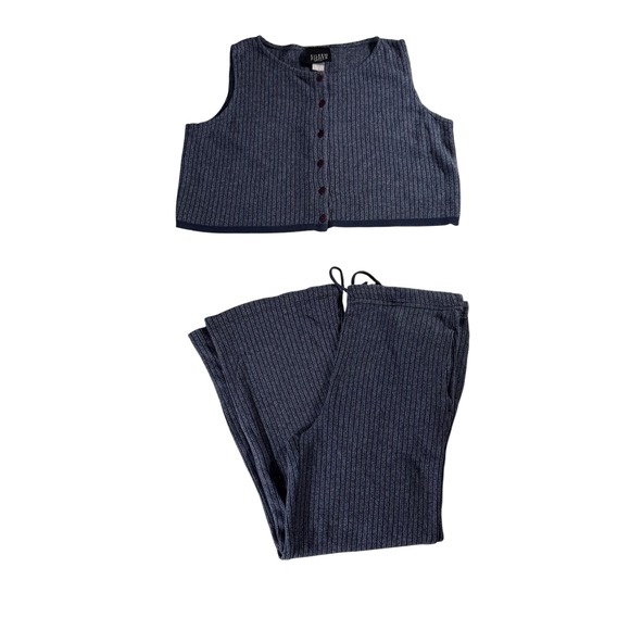 Eileen Fisher 90s Cotton Rib Knit Two Piece Set Top & Pants Blue Women's S 8USA - Picture 4 of 11